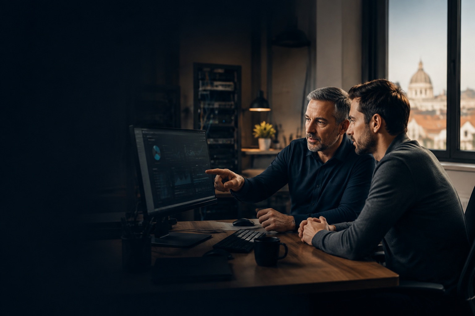 Informatikai szakember és egy vállalkozás munkatársa közösen nézi át a rendszer állapotát.